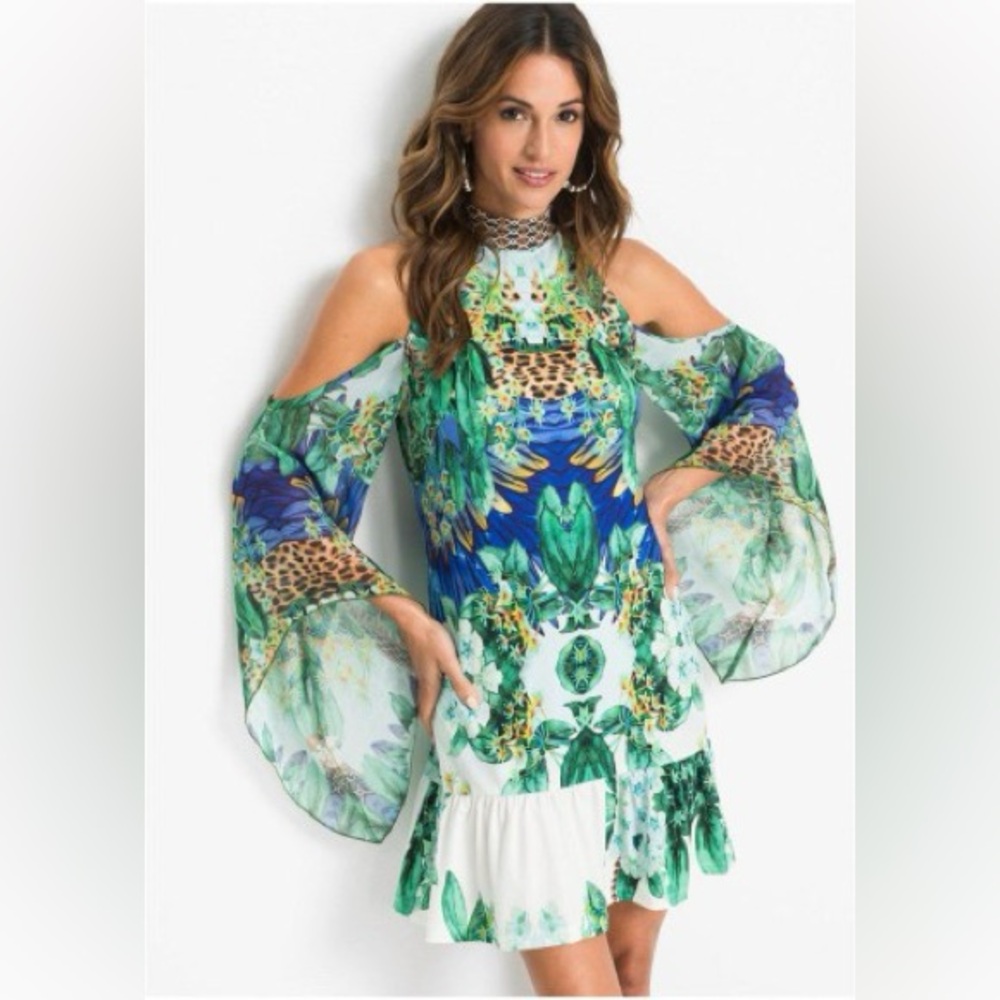 VENUS Green, White, & Animal Print Cold Shoulder Cold Shoulder Mini Dress Size X